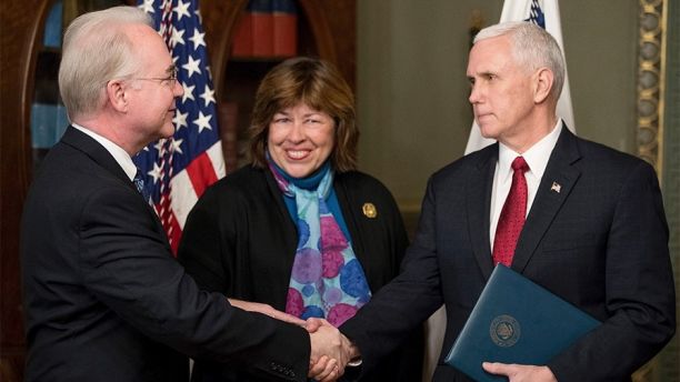 Vice President Mike Pence shakes hands with Health and Human Services Secretary Tom Price, accompanied by his wife Betty, after a swearing-in ceremony, Friday, Feb. 10, 2017, in the in the Eisenhower Executive Office Building on the White House complex in Washington. (AP Photo/Andrew Harnik)