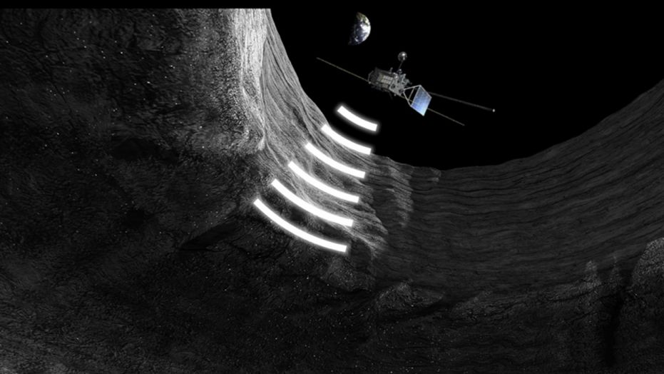 Artists' rendering of SELENE (Kaguya) sounding lava tubes in orbit.  (Credit: JAXA/SELENE/Crescent/Akihiro Ikeshita for Kaguya image)