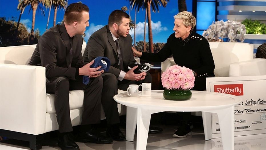 Mandalay Bay security guard Jesus Campos, center, talks to Ellen DeGeneres in what the host claimed would be his only interview about the Las Vegas shooting