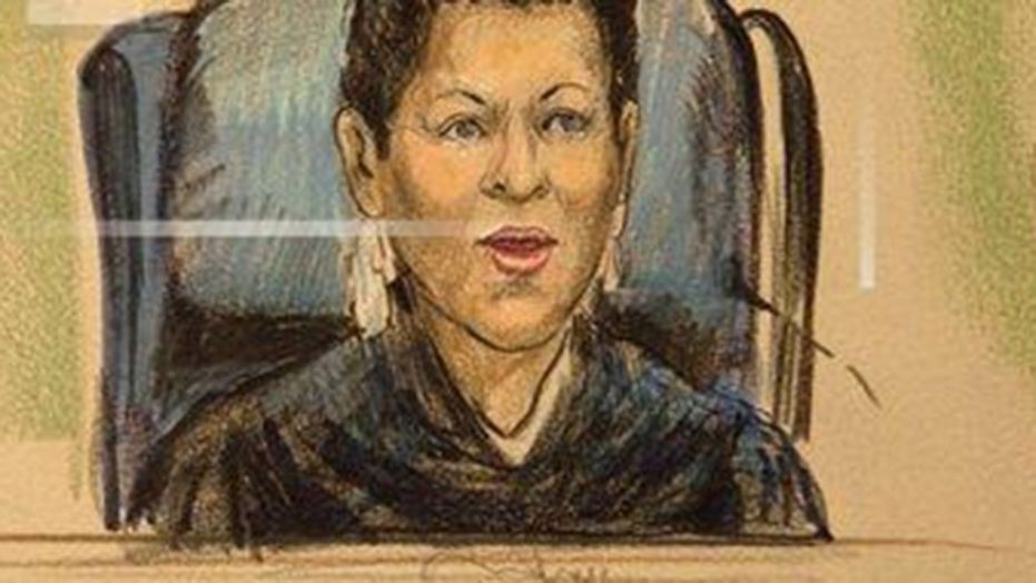 An artist's rendering shows Magistrate Judge Deborah A. Robinson at a hearing at U.S. District Court in Washington.