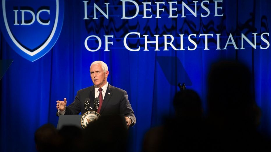 Vice President Mike Pence addresses the In Defense of Christians (IDC) national advocacy summit in Washington Wednesday