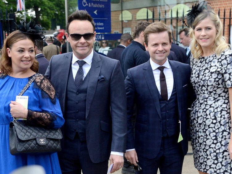 Lisa Armstrong (L-R), Ant McPartlin, Declan Donnelly and his wife Ali Astall at Royal Ascot in 2015