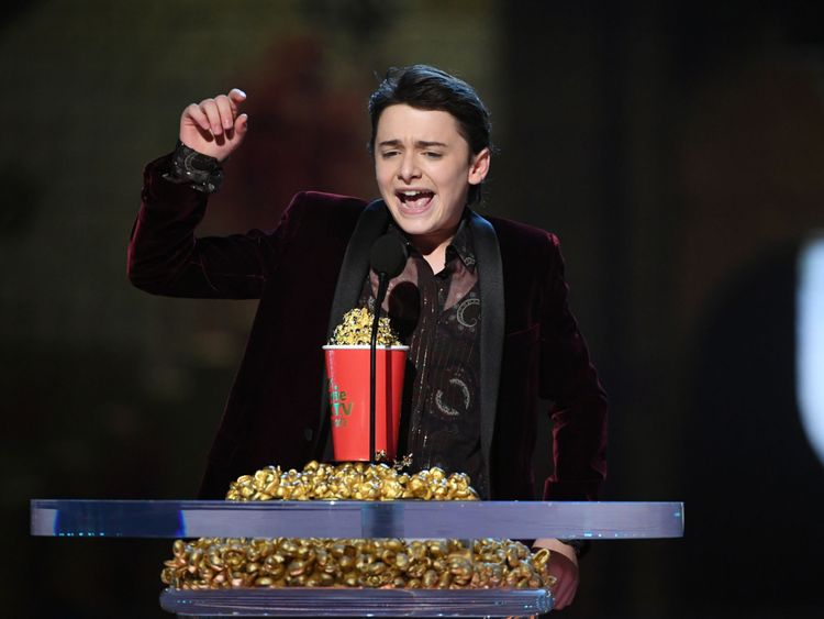 Actor Noah Schnapp accepts the Most Frightened Performance award for Stranger Things