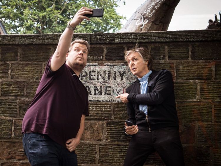 Sir Paul and James Corden in Penny Lane. Pic: Twitter/@latelateshow