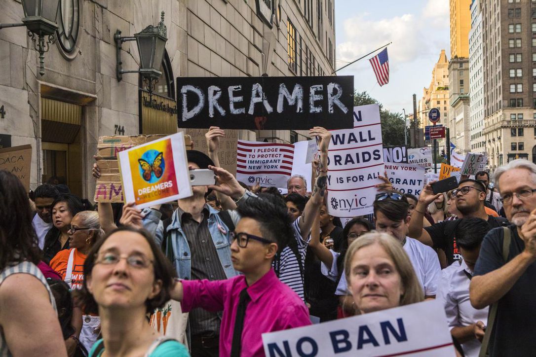 People protest the Trump administration's plans to cancel the Deferred Action for Childhood Arrivals march on Trump Tower in Manhattan, Aug. 30, 2017. The U.S. Supreme Court on Feb. 26, 2018, rejected an unusual request from the Trump administration to decide whether it was entitled to shut down a program that shields some 700,000 young, undocumented immigrants from deportation. The issue is still undecided.