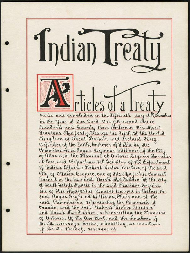 The first page of the Williams Treaty with the Mississauga First Nations of Rice, Mud and Scugog Lakes and Alderville, which was signed in 1923.