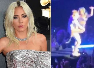 Lady Gaga and fan fall off stage during Las Vegas show (Watch) Lady Gaga and fan fall off stage during Las Vegas show (Watch)