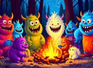 A Cozy Night: Friendly Fuzzy Monsters Around the Campfire Create an image of friendly, fuzzy monsters gathered around a campfire