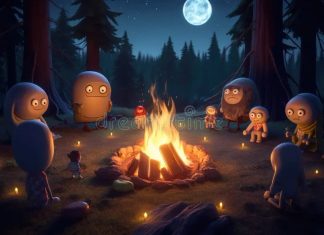 Create an image of friendly, fuzzy monsters gathered around a campfire Create an image of friendly, fuzzy monsters gathered around a campfire