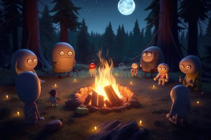 Create an image of friendly, fuzzy monsters gathered around a campfire